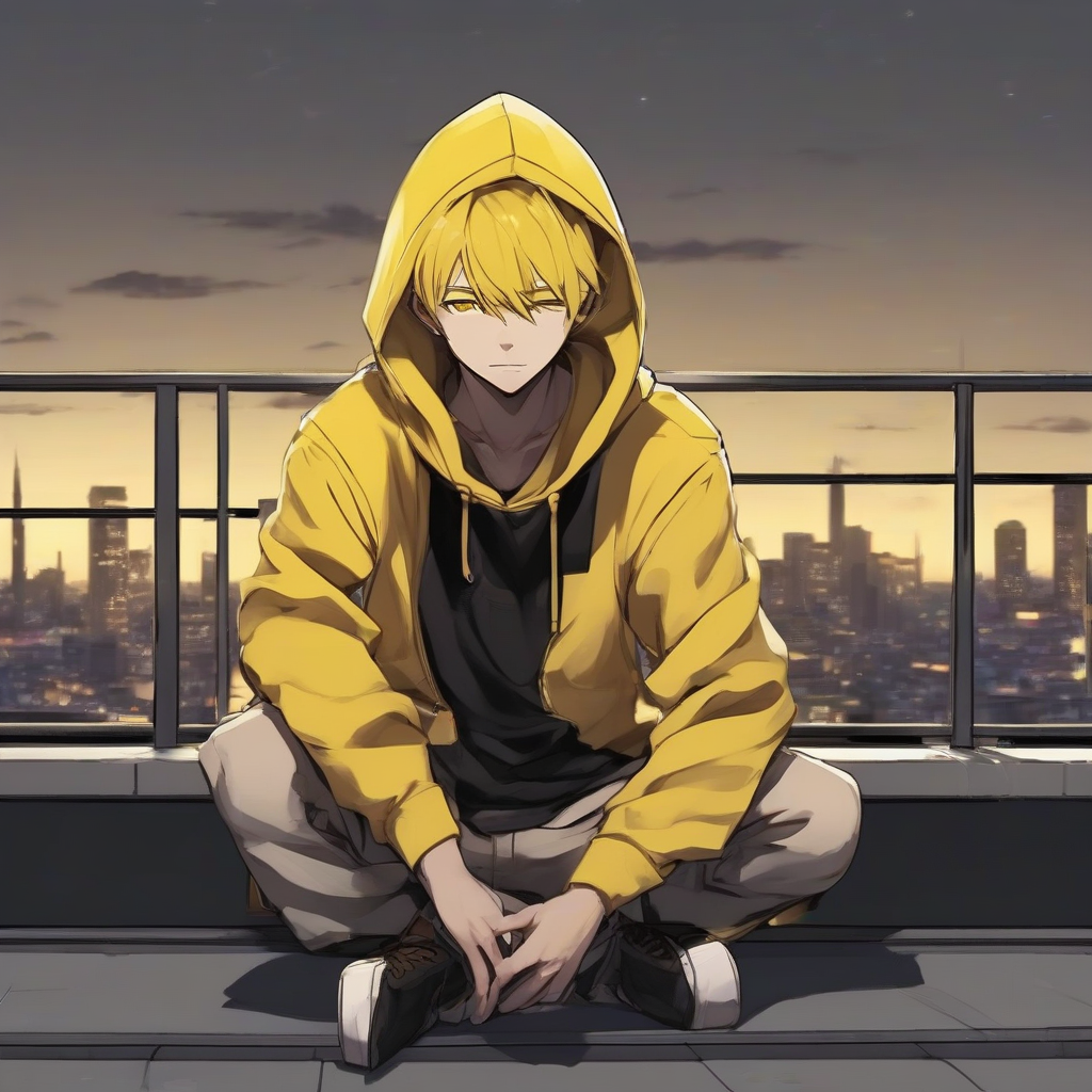 yellow haired boy hoodie anime aura full body rooftop sitting punk style yellow black hoodie gentle smile evening by मुफ्त एआई छवि जनरेटर - बिना लॉगिन के✨ | AIGAZOU