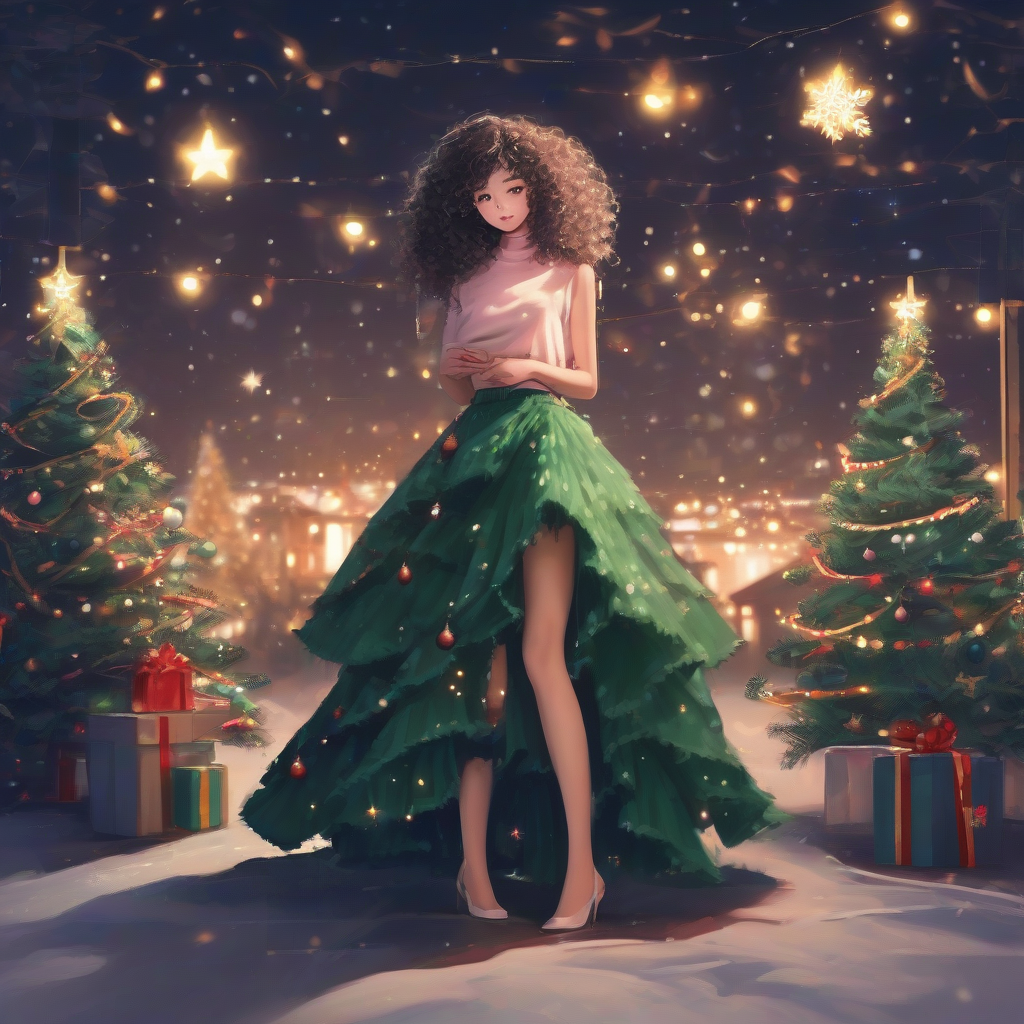 christmas tree curly hair full body night temptation asian skirt thin ankles by मुफ्त एआई छवि जनरेटर - बिना लॉगिन के✨ | AIGAZOU