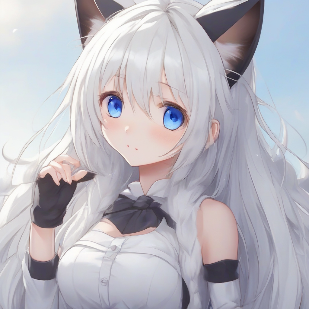 white hair blue eyes droopy eyes long hair white dress loli rounded childish cat ears canine teeth by मुफ्त एआई छवि जनरेटर - बिना लॉगिन के✨ | AIGAZOU