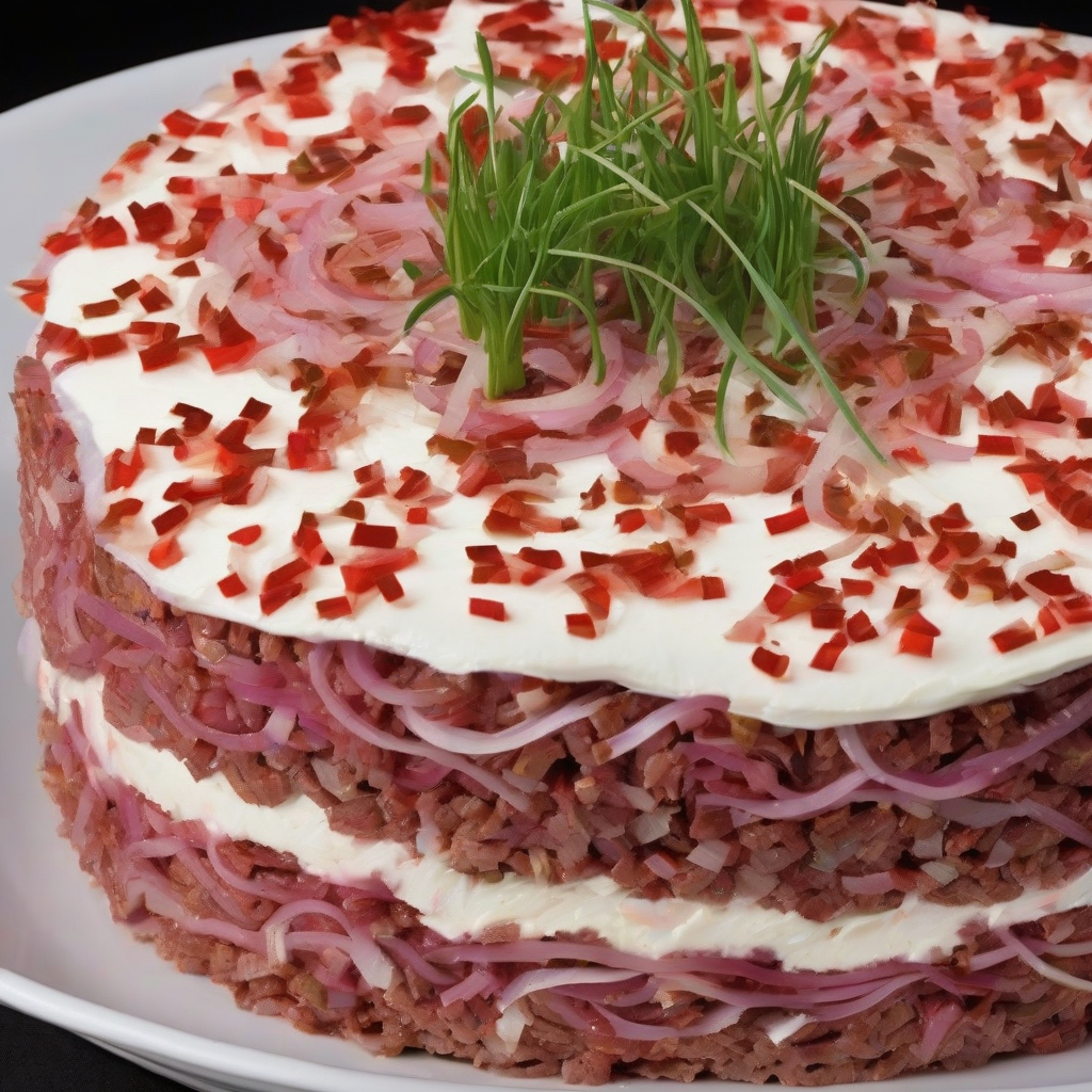 red pork with onions and chives layered with dark rye bread spread with fresh cream cake by मुफ्त एआई छवि जनरेटर - बिना लॉगिन के✨ | AIGAZOU