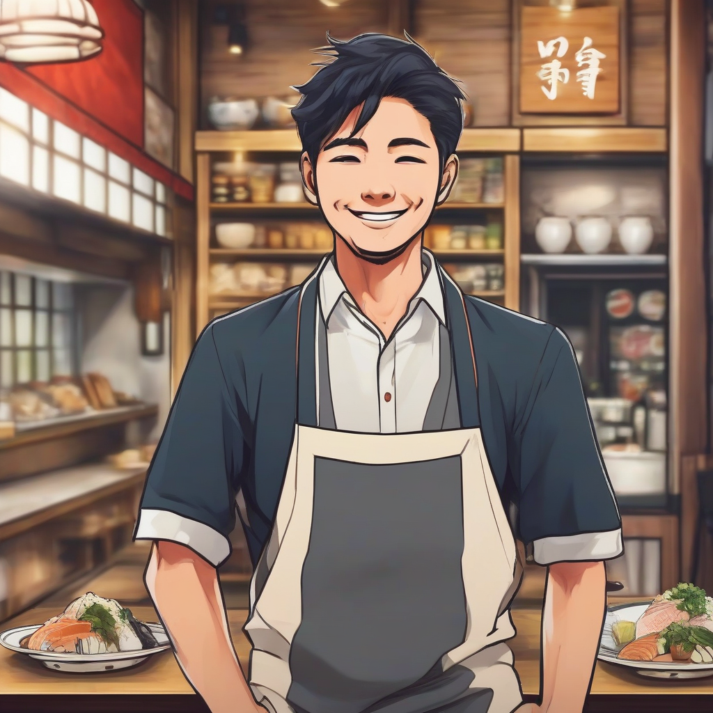 successful young male owner of a small profitable bright and cheerful japanese restaurant by Générateur d'images par IA gratuit - Aucune connexion nécessaire✨ | AIGAZOU