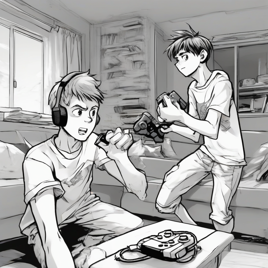 a big brother who sees his little brother playing video games yells at him and snatches the controller in manga by मुफ्त एआई छवि जनरेटर - बिना लॉगिन के✨ | AIGAZOU