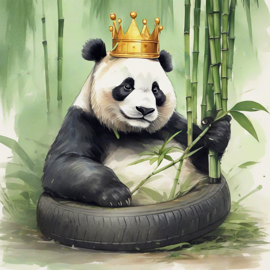 panda wearing crown sitting on tire eating bamboo by मुफ्त एआई छवि जनरेटर - बिना लॉगिन के✨ | AIGAZOU