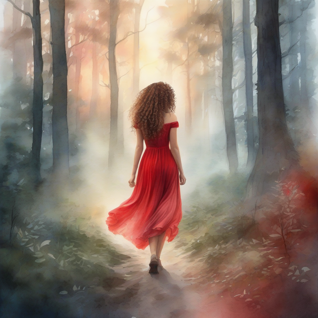 a young woman in a red dress with curly hair in a magical forest at dawn by मुफ्त एआई छवि जनरेटर - बिना लॉगिन के✨ | AIGAZOU