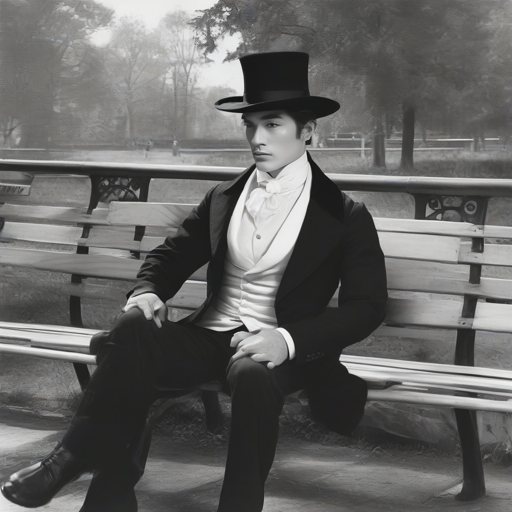 a gentleman in a black tailcoat with a broad brimmed hat sitting modestly on a bench looking at an attractive by मुफ्त एआई छवि जनरेटर - बिना लॉगिन के✨ | AIGAZOU