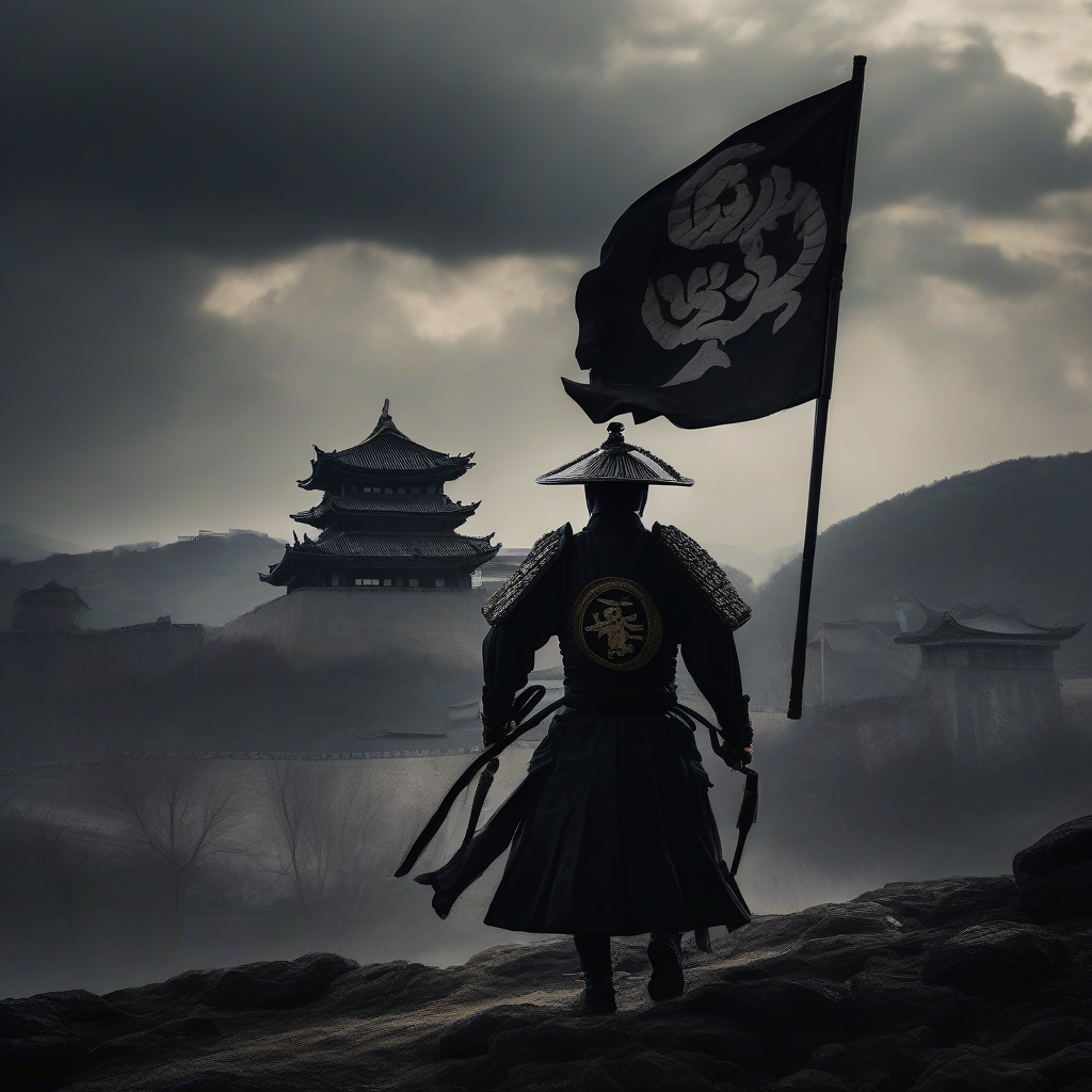 dark clouds joseon fortress warrior flags by मुफ्त एआई छवि जनरेटर - बिना लॉगिन के✨ | AIGAZOU