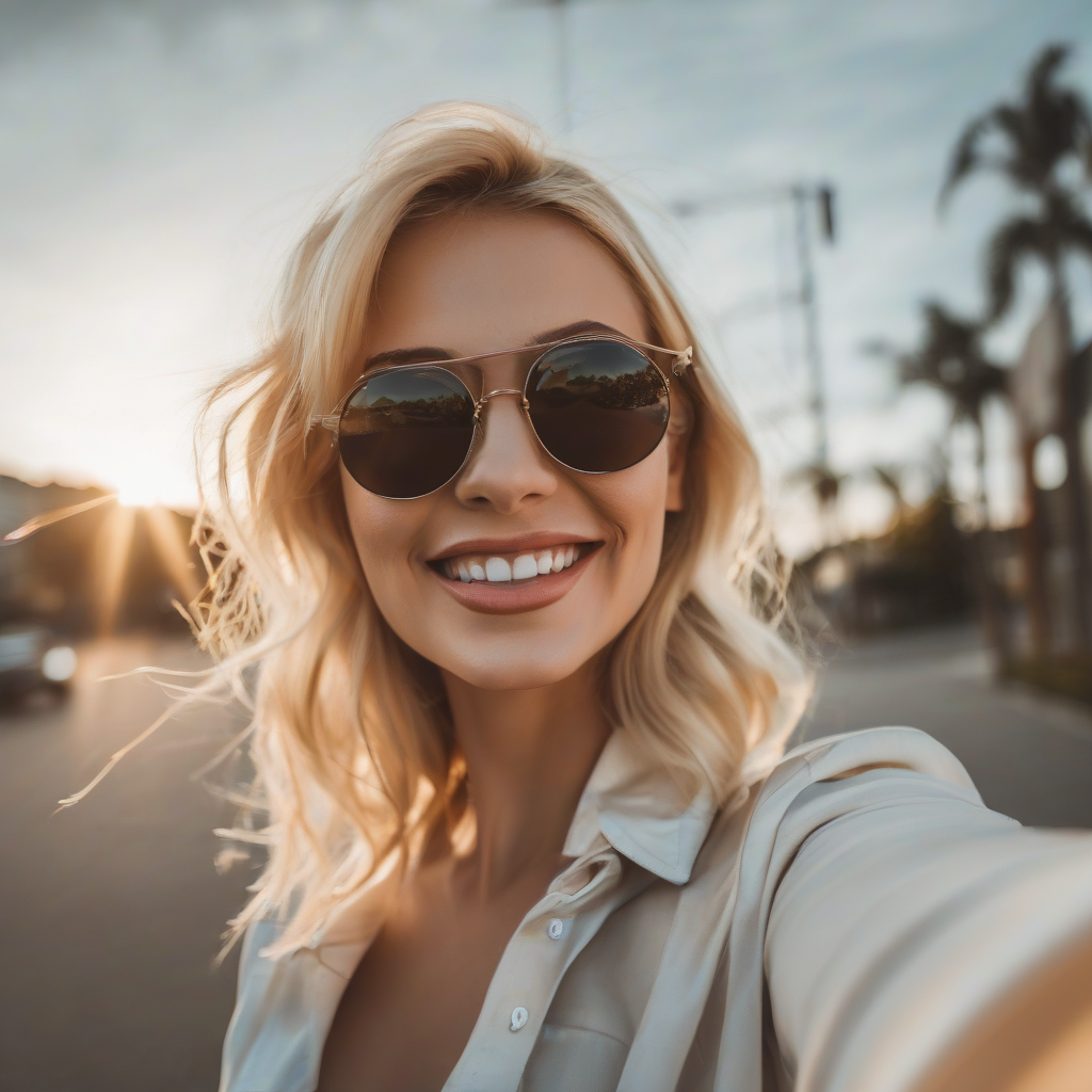 blonde woman with sunglasses takes outdoor selfie by मुफ्त एआई छवि जनरेटर - बिना लॉगिन के✨ | AIGAZOU