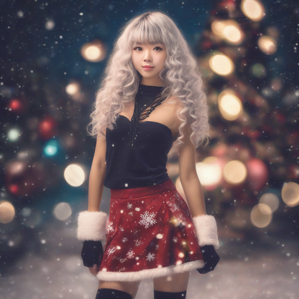 christmas tree curly hair full body night asian women mini skirt by 免费AI图像生成工具 | AIGAZOU