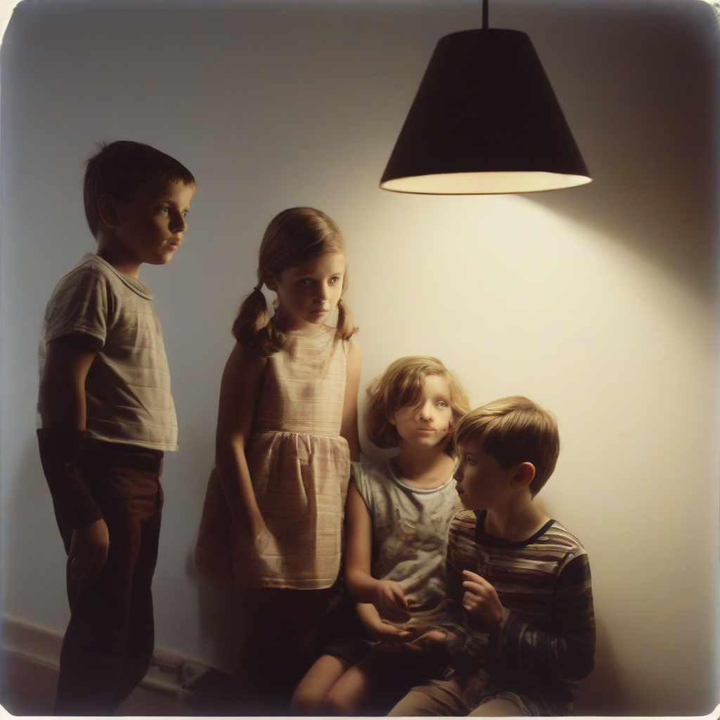 contemporary photo of three children admiring a small stylish light in a dark room by मुफ्त एआई छवि जनरेटर - बिना लॉगिन के✨ | AIGAZOU