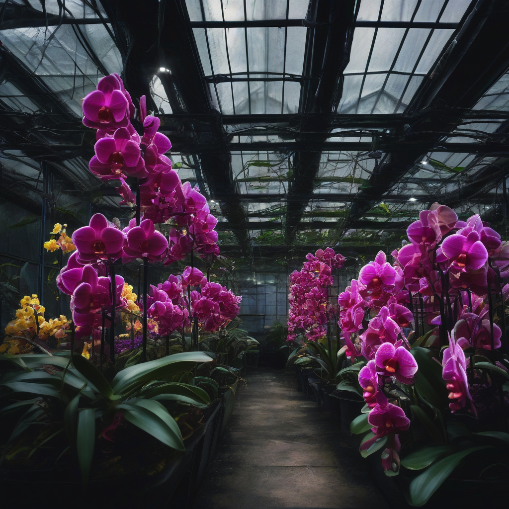 a greenhouse with colorful orchids on a dark background by Free AI Image Generator & Maker - No login required✨ | AIGAZOU