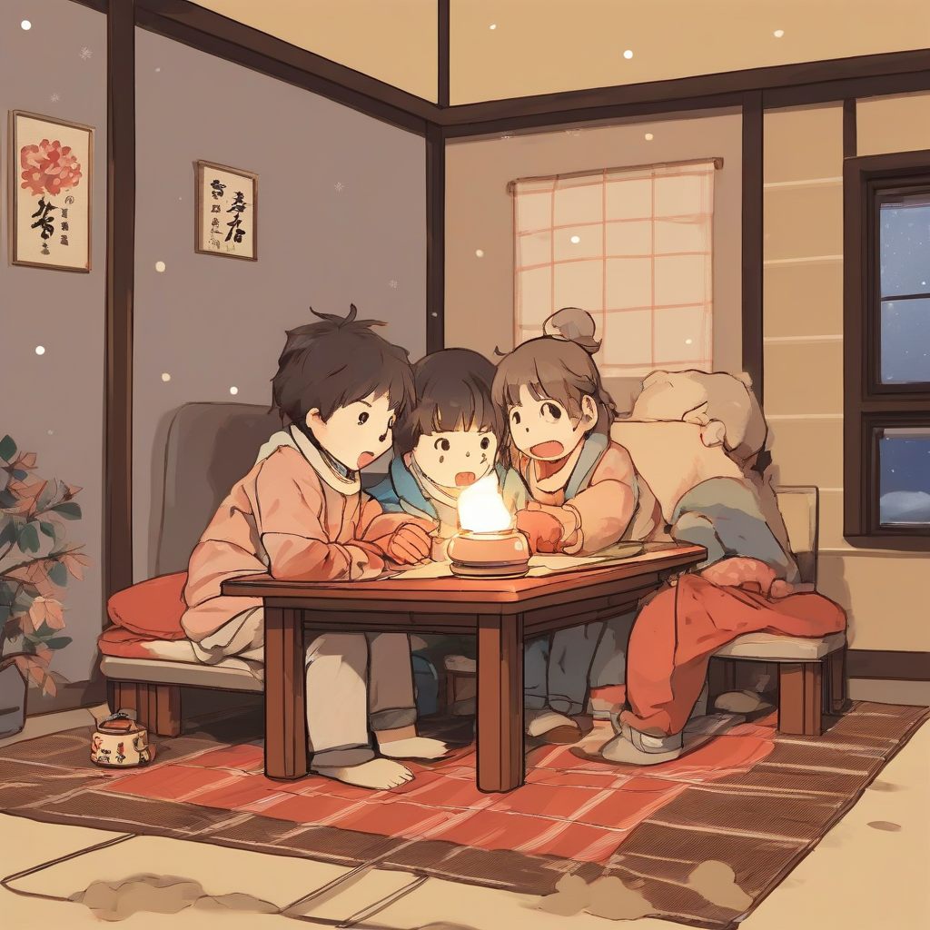 children staying up late playing games in kotatsu in winter by मुफ्त एआई छवि जनरेटर - बिना लॉगिन के✨ | AIGAZOU