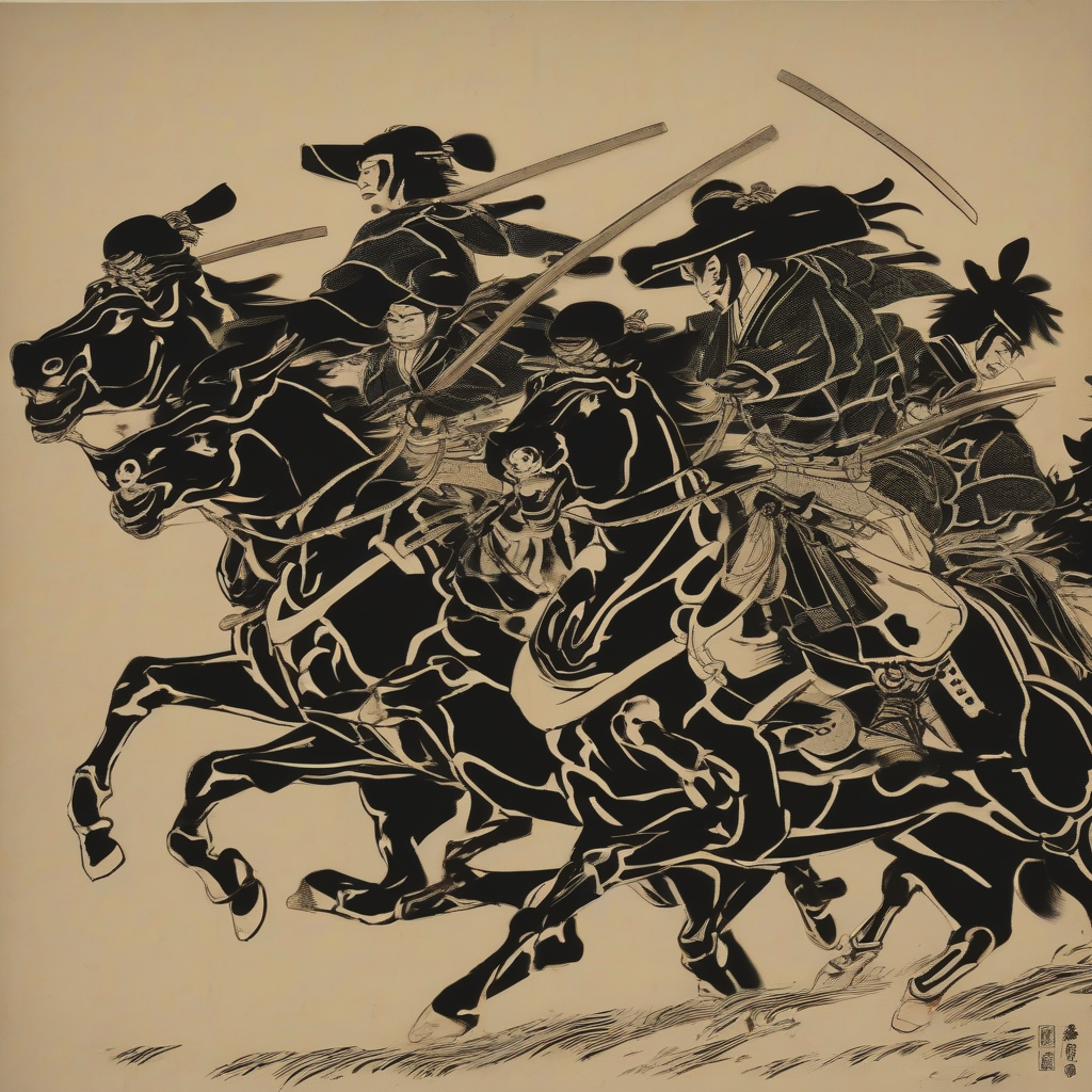 eight samurai riding horses galloping by मुफ्त एआई छवि जनरेटर - बिना लॉगिन के✨ | AIGAZOU