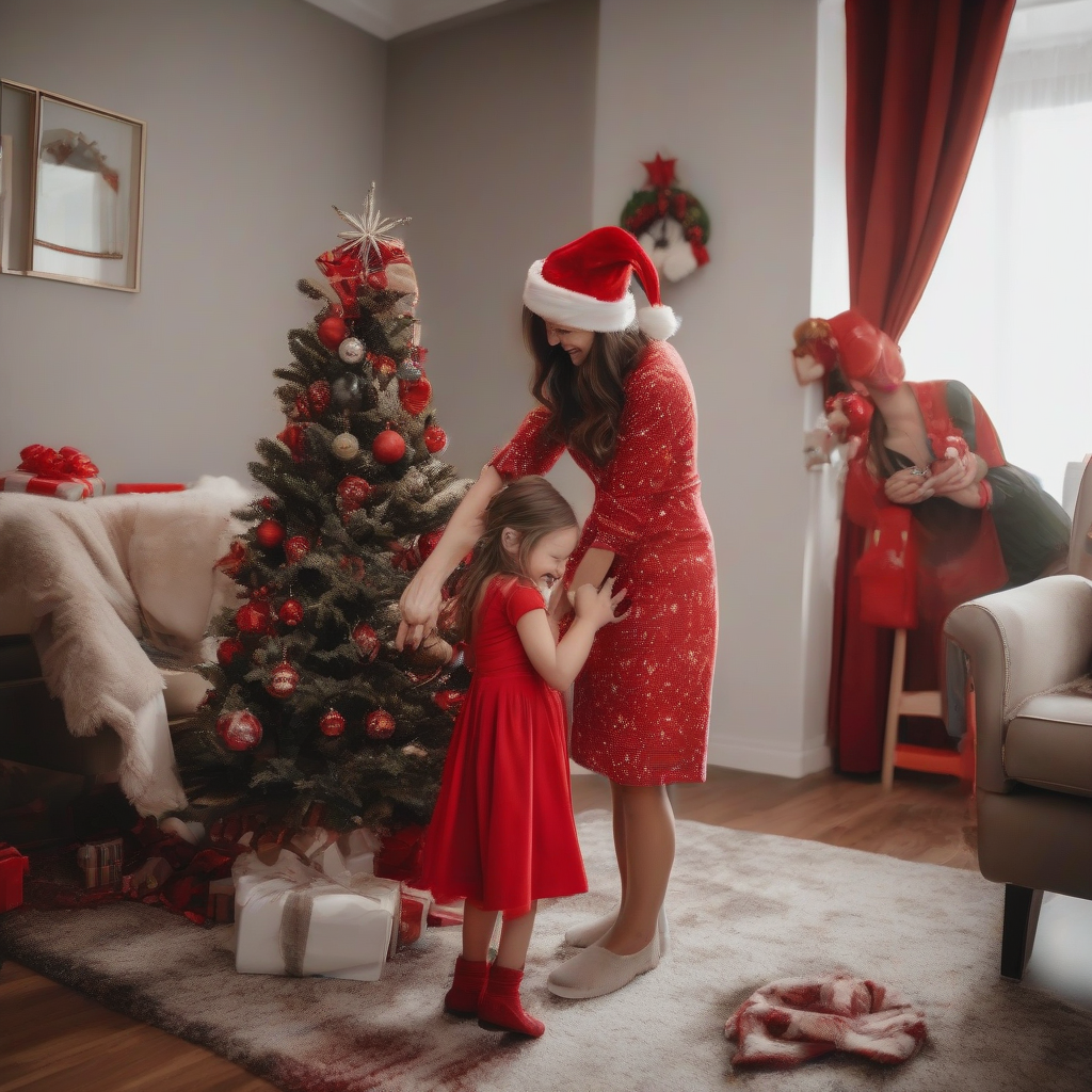 a happy 6 year old girl receives a red christmas dress and hat from her mother in a decorated room by Générateur d'images par IA gratuit - Aucune connexion nécessaire✨ | AIGAZOU