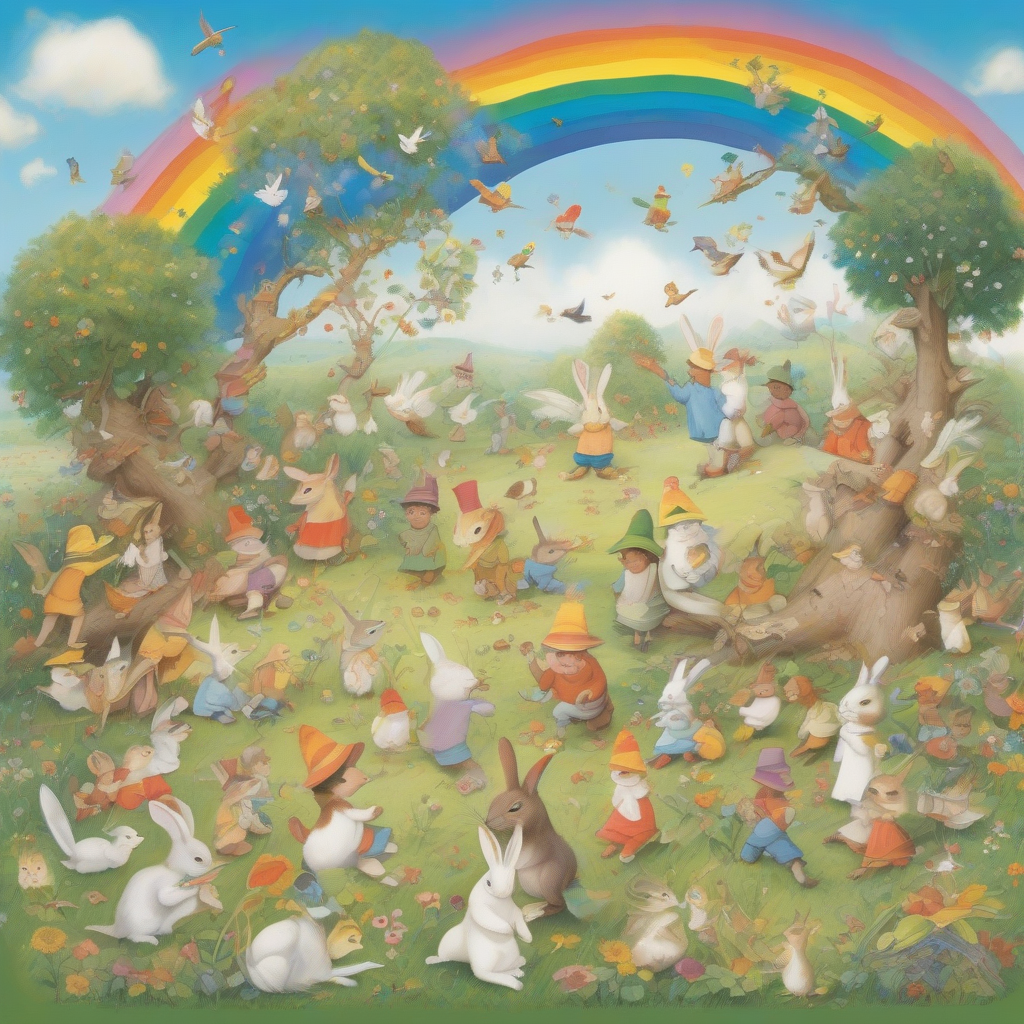 a scene with dwarfs under a tree and a rainbow by Générateur d'images par IA gratuit - Aucune connexion nécessaire✨ | AIGAZOU