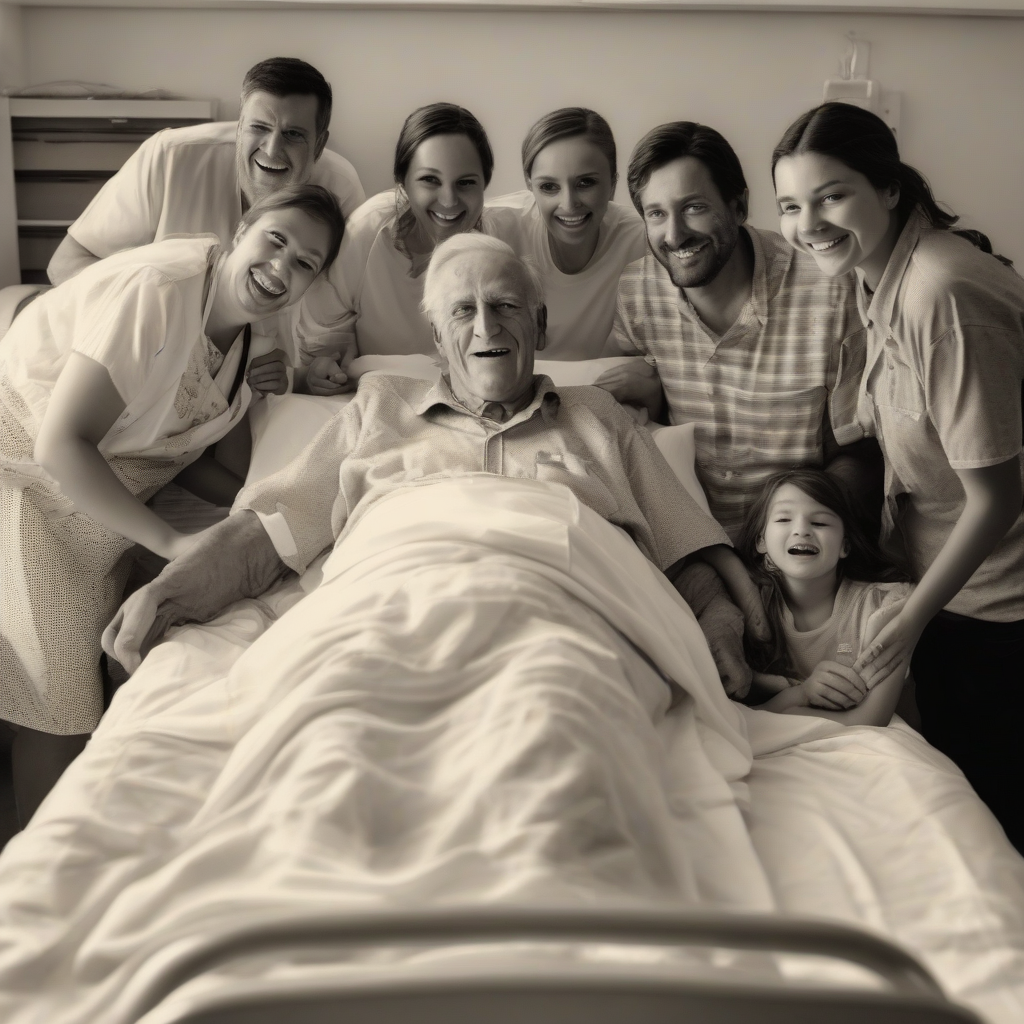 family surrounds grandfather in hospital bed by मुफ्त एआई छवि जनरेटर - बिना लॉगिन के✨ | AIGAZOU