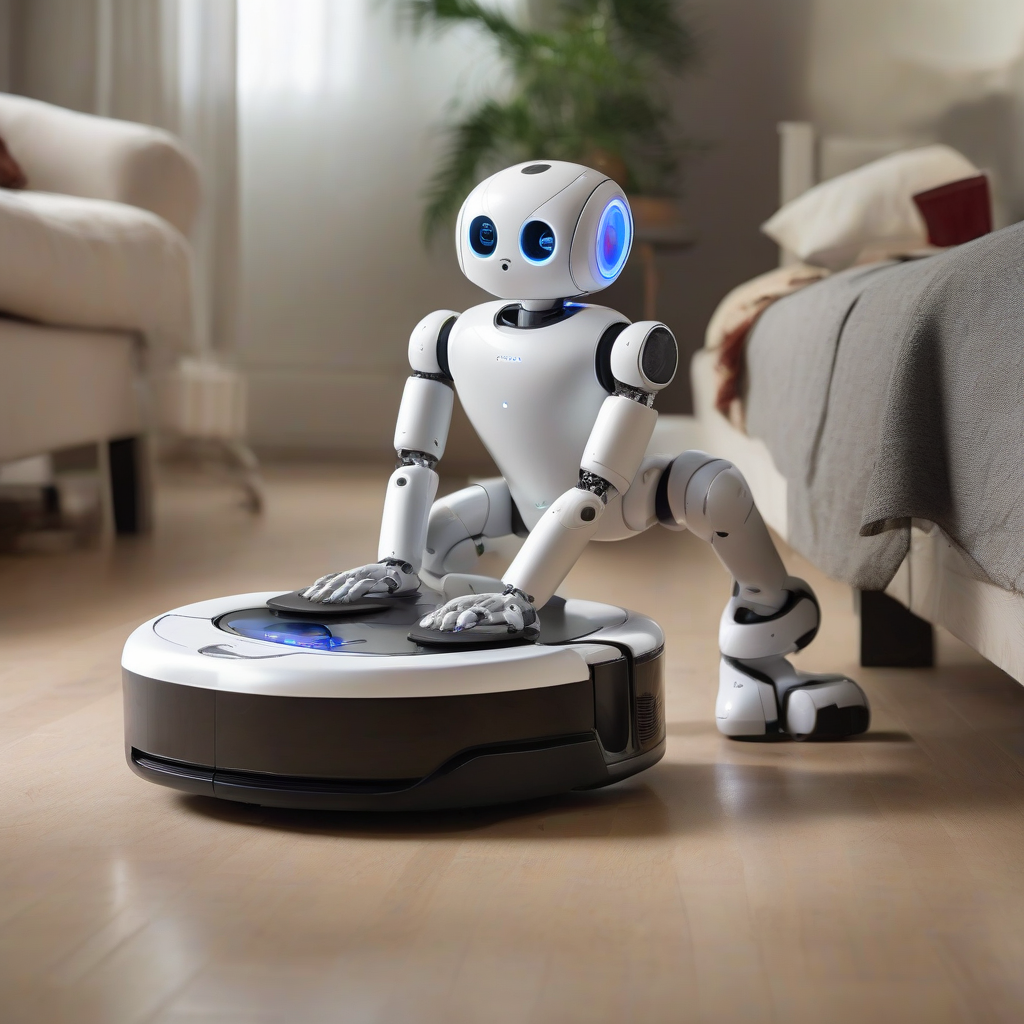 a humanoid robot riding a roomba is cute by मुफ्त एआई छवि जनरेटर - बिना लॉगिन के✨ | AIGAZOU