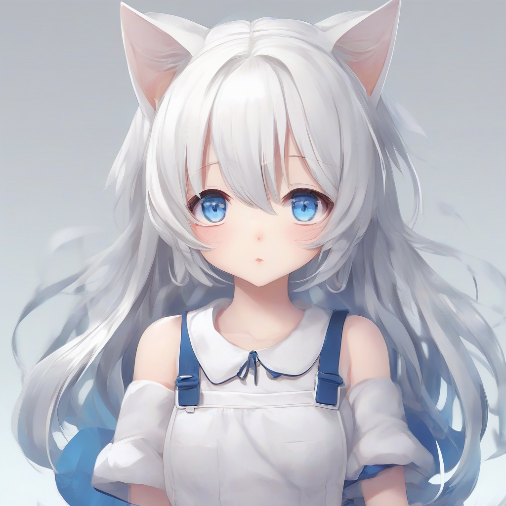 white hair blue eyes droopy eyes long hair white dress loli rounded childish cat ears by मुफ्त एआई छवि जनरेटर - बिना लॉगिन के✨ | AIGAZOU