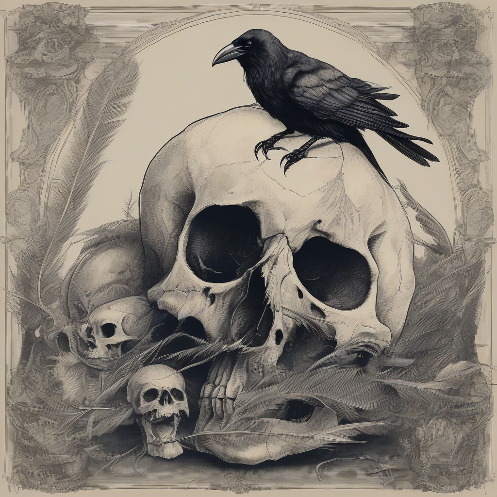 a crow with a searching gaze sits on a large skull by Générateur d'images par IA gratuit - Aucune connexion nécessaire✨ | AIGAZOU