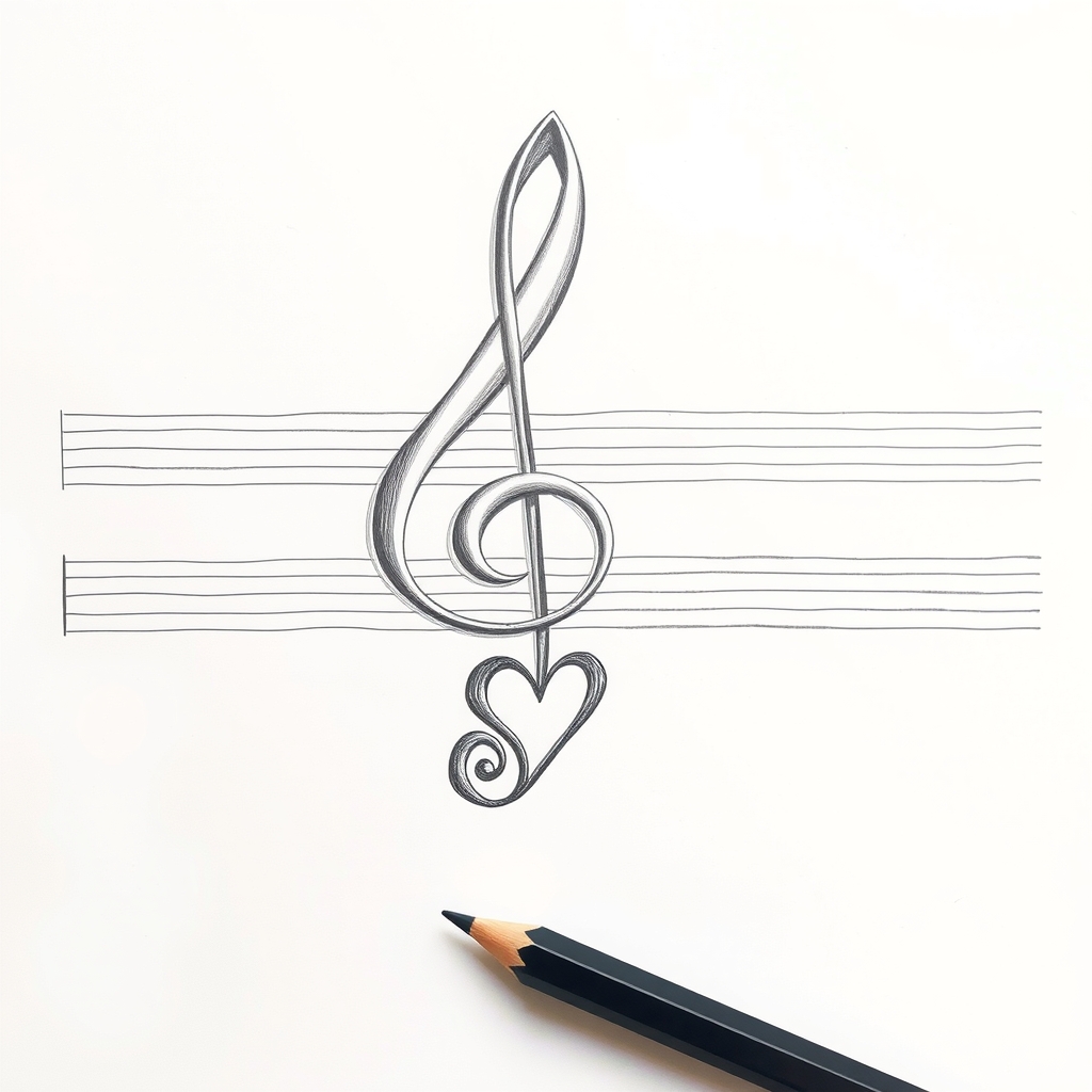 pencil drawing of a violin key with a heart at the bottom on curved music lines by मुफ्त एआई छवि जनरेटर - बिना लॉगिन के✨ | AIGAZOU