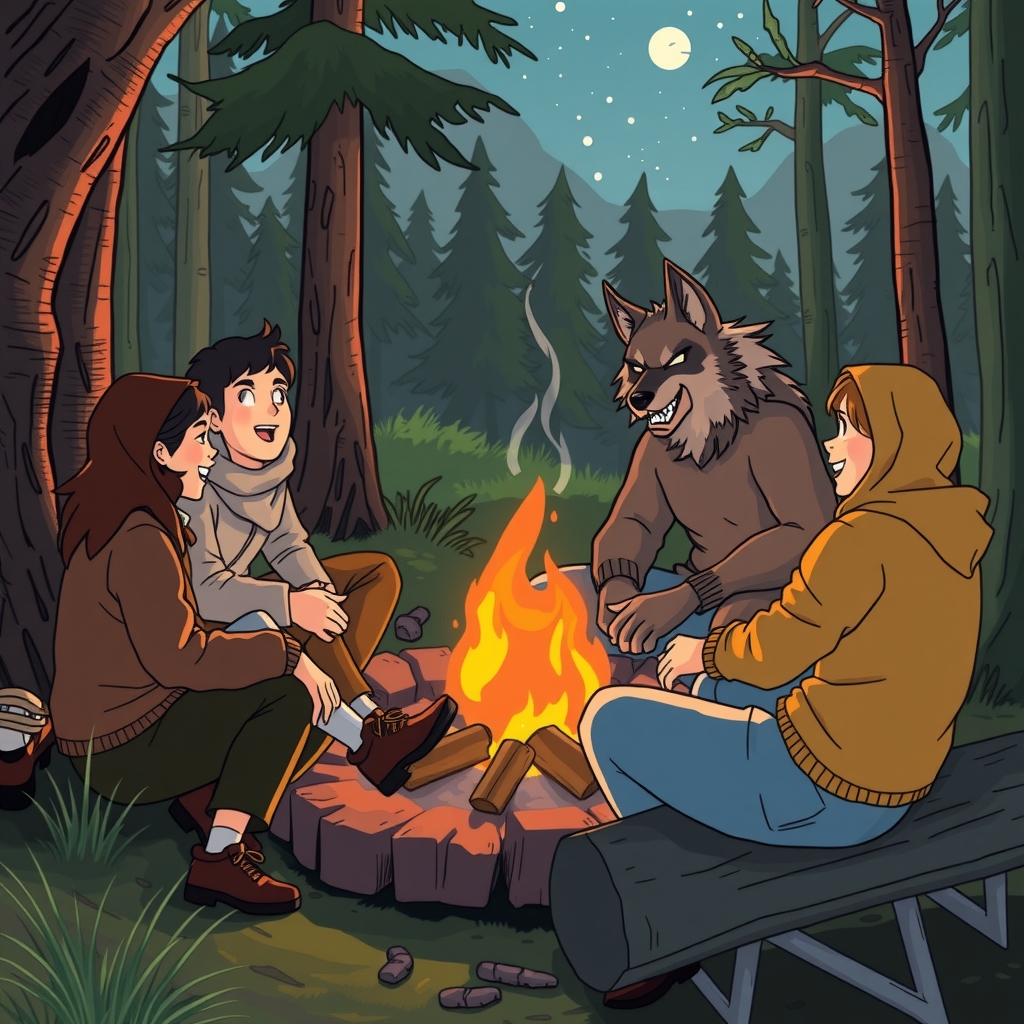 four humans and a werewolf around a campfire by मुफ्त एआई छवि जनरेटर - बिना लॉगिन के✨ | AIGAZOU