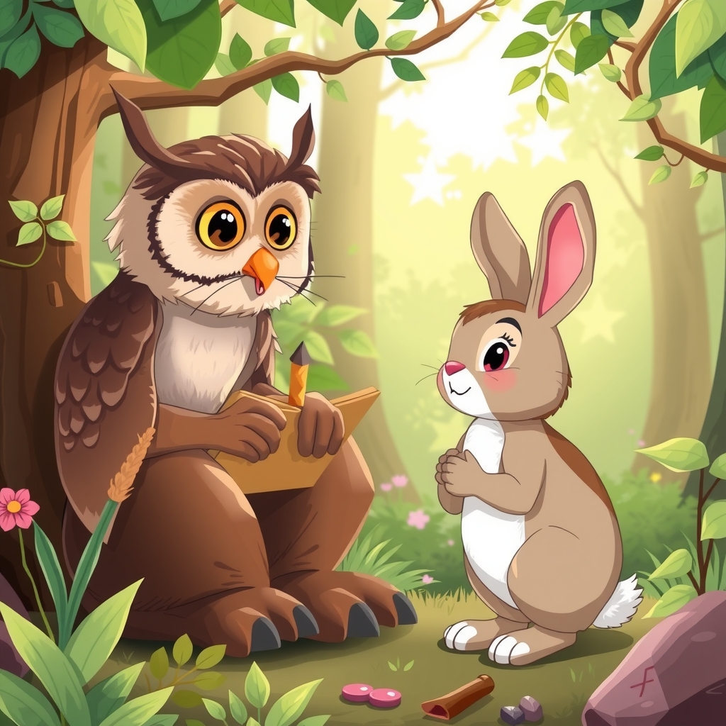 a scene of a rabbit child listening to an owl teacher at a forest kindergarten by मुफ्त एआई छवि जनरेटर - बिना लॉगिन के✨ | AIGAZOU