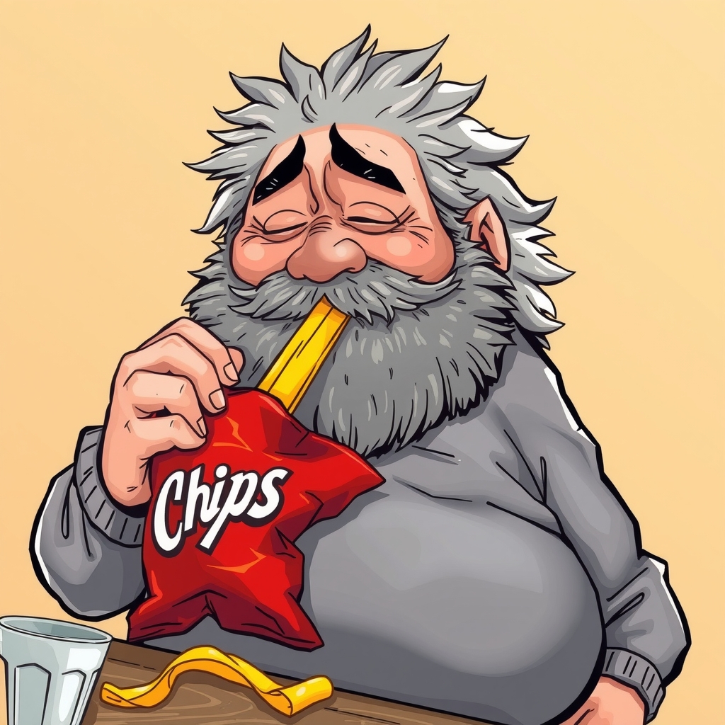 a hairy gray bearded and pot bellied man eating chips and crying by मुफ्त एआई छवि जनरेटर - बिना लॉगिन के✨ | AIGAZOU