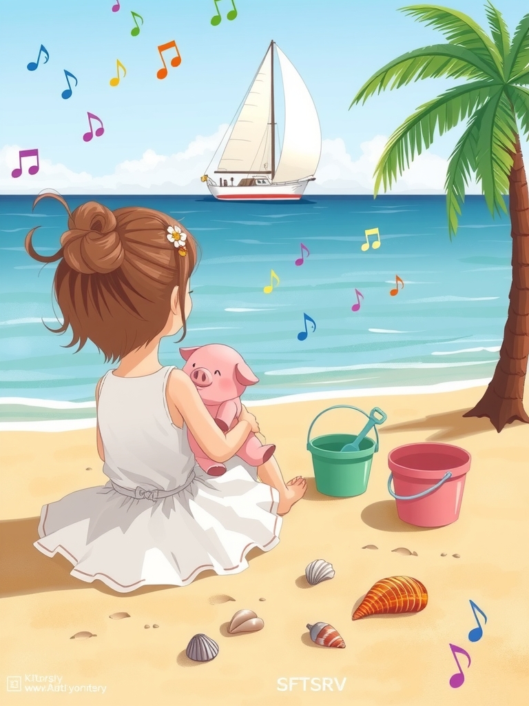 a little girl with a pig stuffed animal on the beach by मुफ्त एआई छवि जनरेटर - बिना लॉगिन के✨ | AIGAZOU