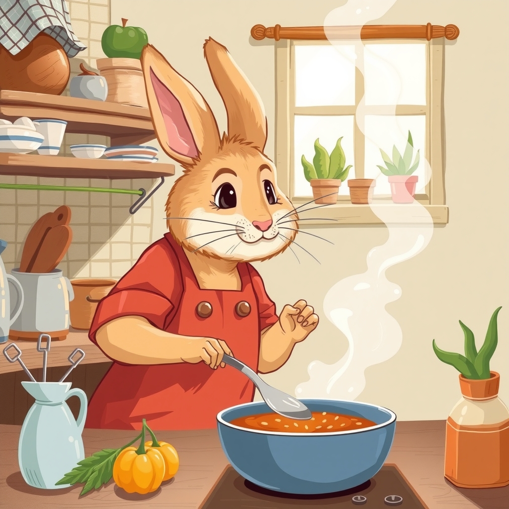 a scene of a mother rabbit cooking by मुफ्त एआई छवि जनरेटर - बिना लॉगिन के✨ | AIGAZOU