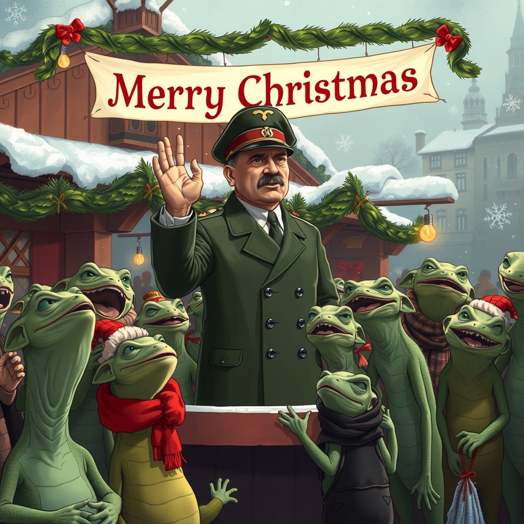 create an image of adolf hitler wearing a santa hat on stage at the bautzen christmas market with a banner by मुफ्त एआई छवि जनरेटर - बिना लॉगिन के✨ | AIGAZOU