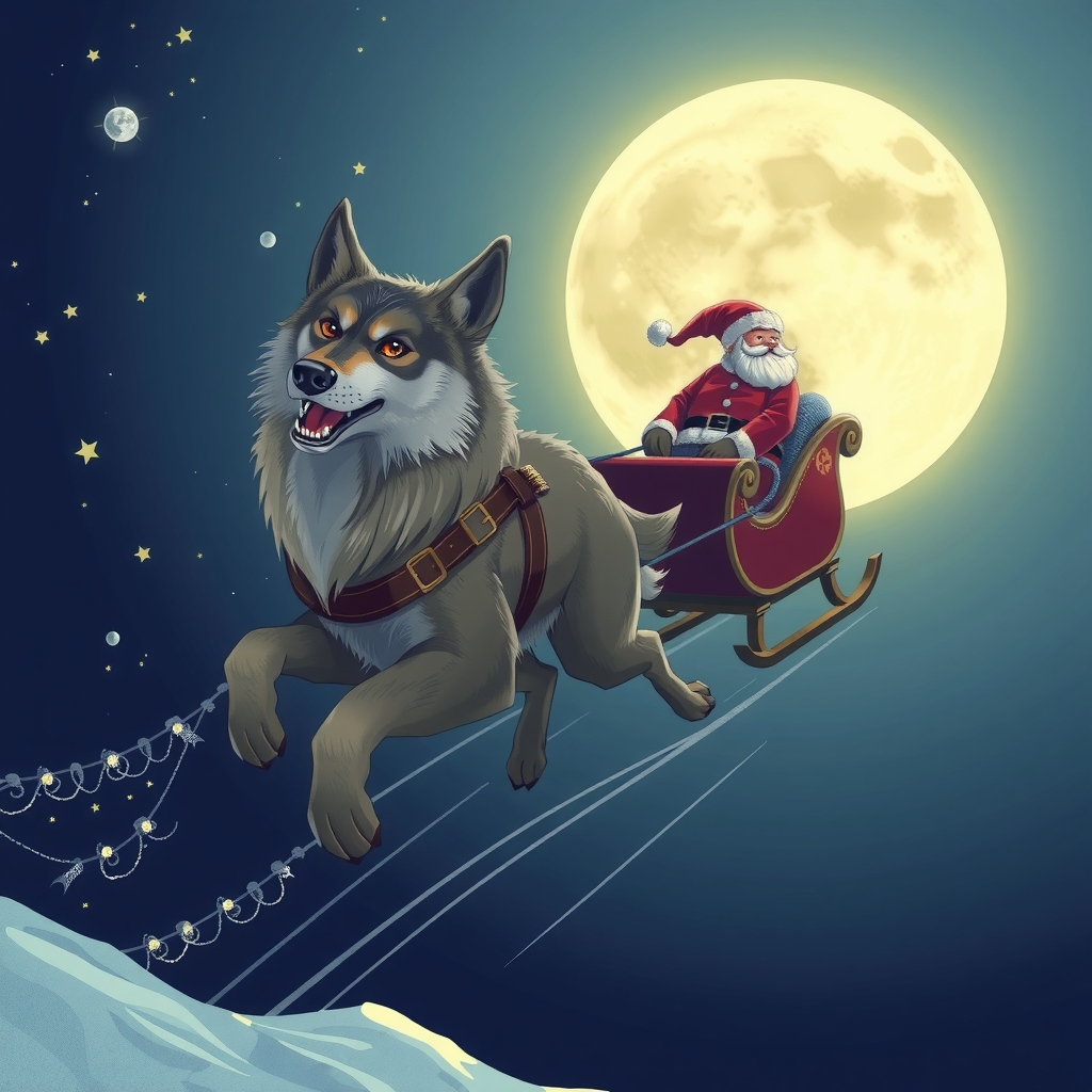 santa claus sleigh moon flying wolf by मुफ्त एआई छवि जनरेटर - बिना लॉगिन के✨ | AIGAZOU