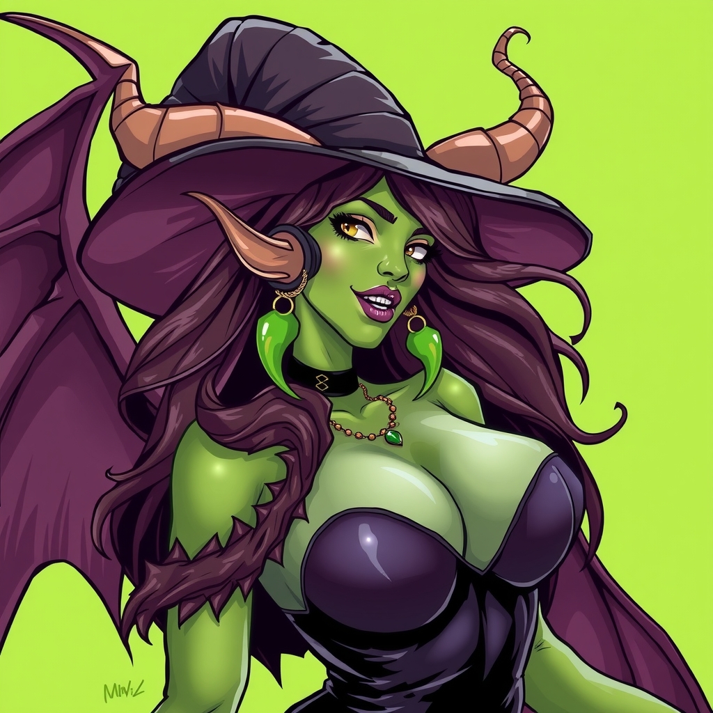 sexy green devil with huge bust and witch hat half dressed by मुफ्त एआई छवि जनरेटर - बिना लॉगिन के✨ | AIGAZOU