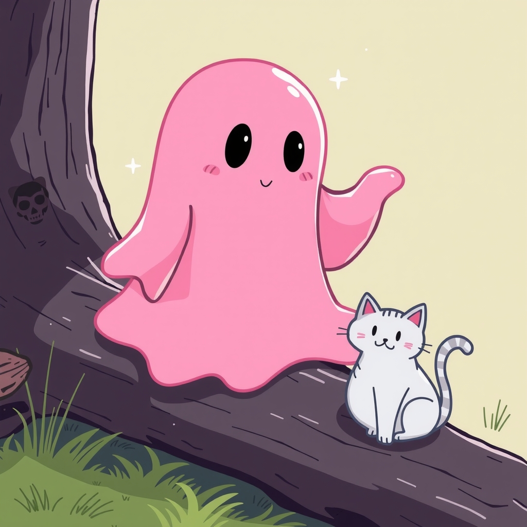 a pink ghost sitting on a log with a cat by मुफ्त एआई छवि जनरेटर - बिना लॉगिन के✨ | AIGAZOU