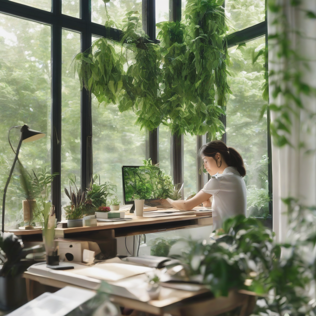 a woman working at a desk by a green window by मुफ्त एआई छवि जनरेटर - बिना लॉगिन के✨ | AIGAZOU