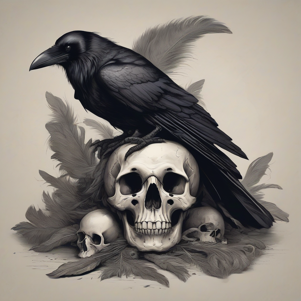 a crow with a searching gaze sitting on a large skull by Free AI Image Generator & Maker - No login required✨ | AIGAZOU
