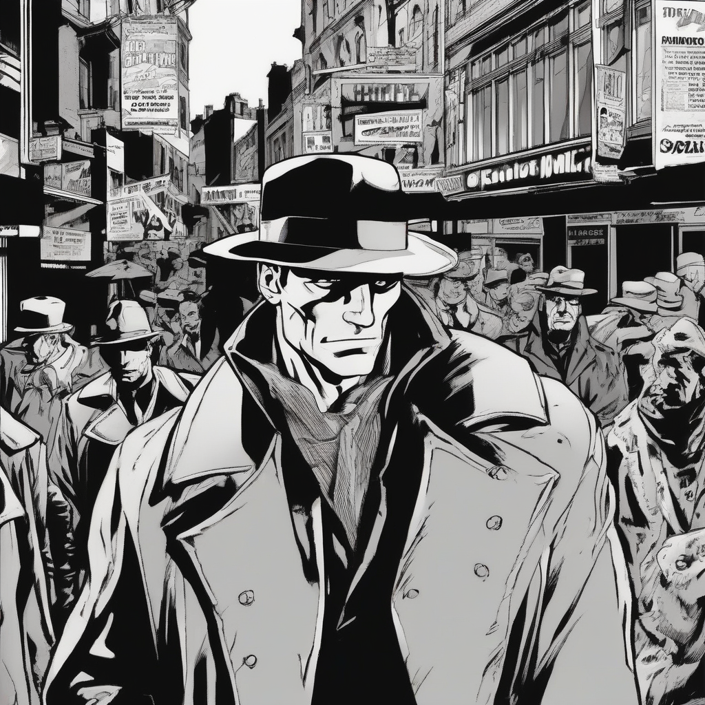 man dark leather coat hat surrounded passersby comic style frank miller by मुफ्त एआई छवि जनरेटर - बिना लॉगिन के✨ | AIGAZOU