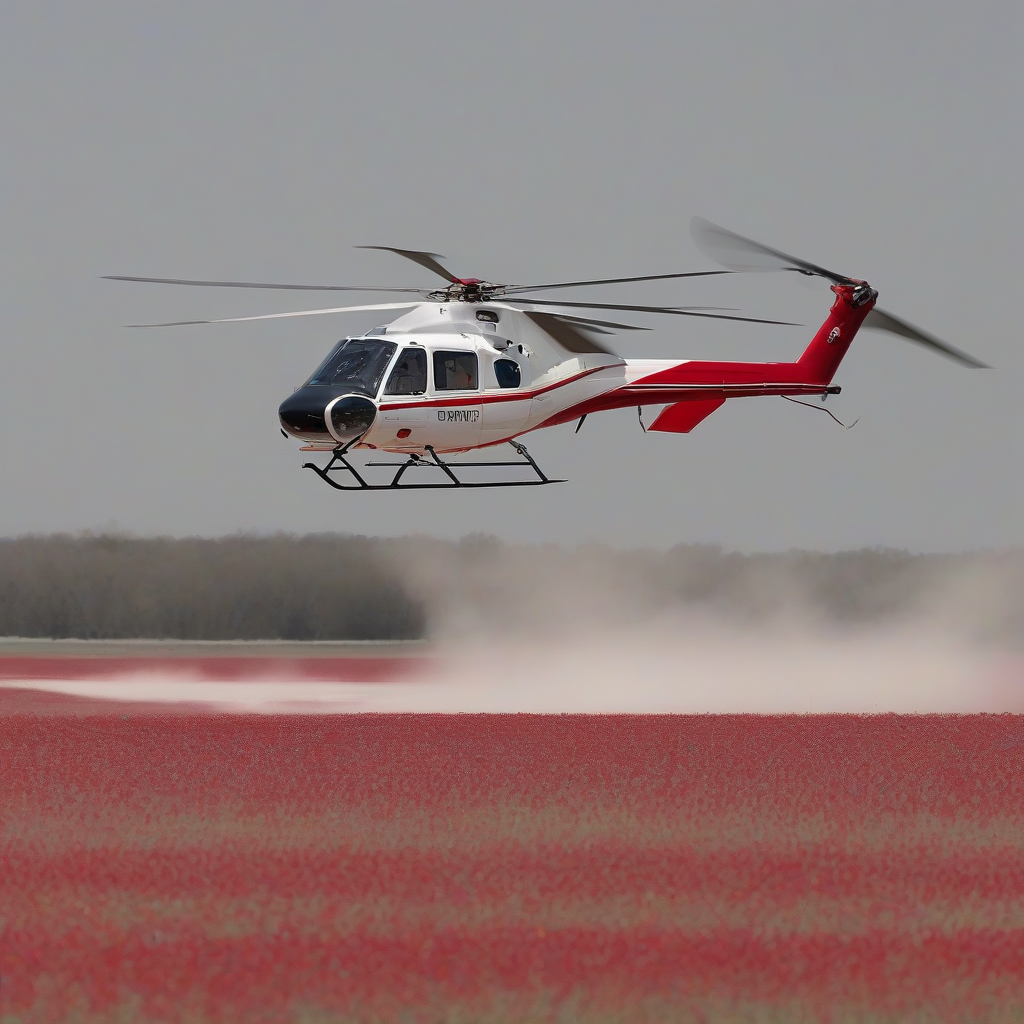 helicopter rear red low altitude flight open ground high performance front white by मुफ्त एआई छवि जनरेटर - बिना लॉगिन के✨ | AIGAZOU