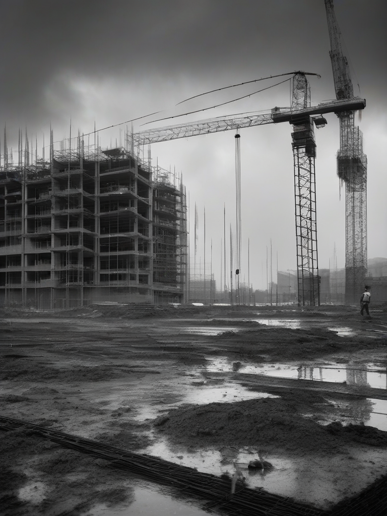 rainy construction site in black and white by मुफ्त एआई छवि जनरेटर - बिना लॉगिन के✨ | AIGAZOU