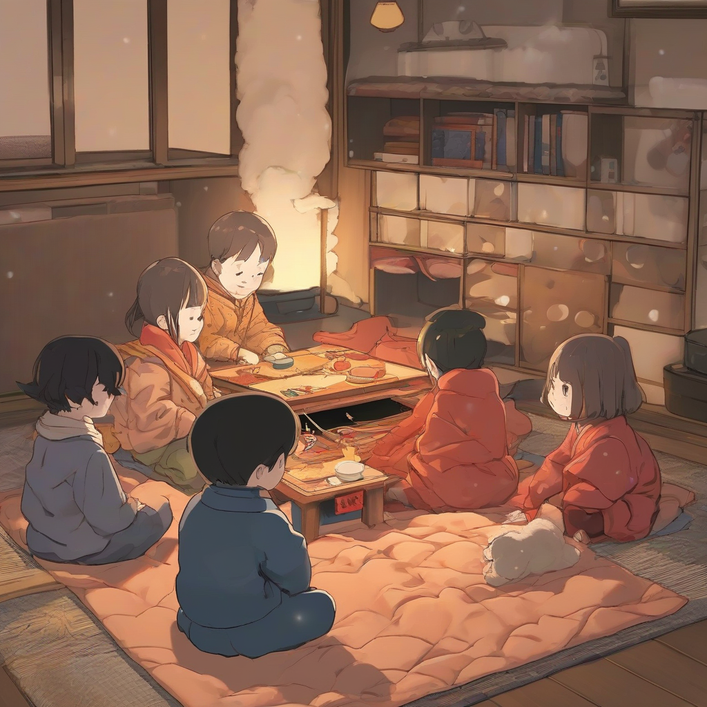 children staying up late playing games in kotatsu in winter by मुफ्त एआई छवि जनरेटर - बिना लॉगिन के✨ | AIGAZOU