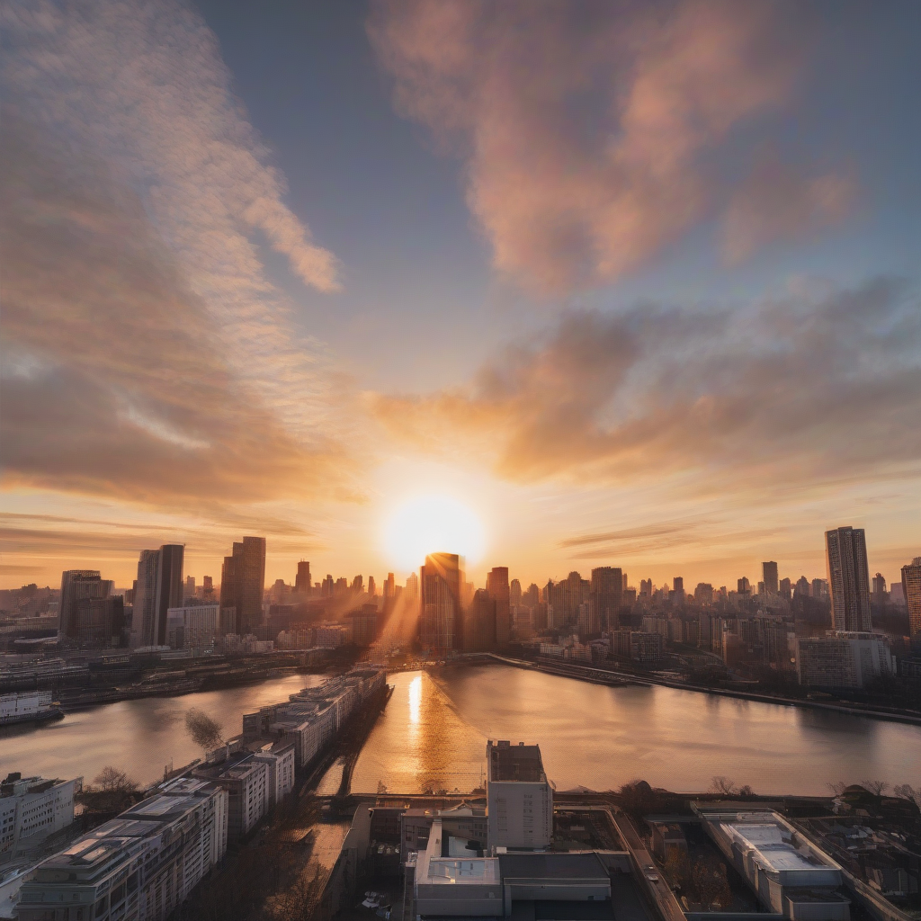 sunrise photo with sun bright sky city by मुफ्त एआई छवि जनरेटर - बिना लॉगिन के✨ | AIGAZOU