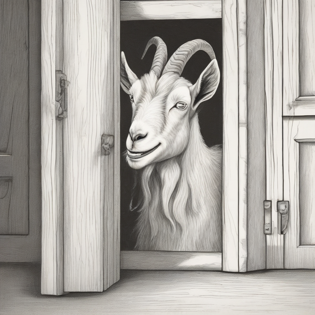 goat drawn with pencil hidden behind door smiling winking by मुफ्त एआई छवि जनरेटर - बिना लॉगिन के✨ | AIGAZOU