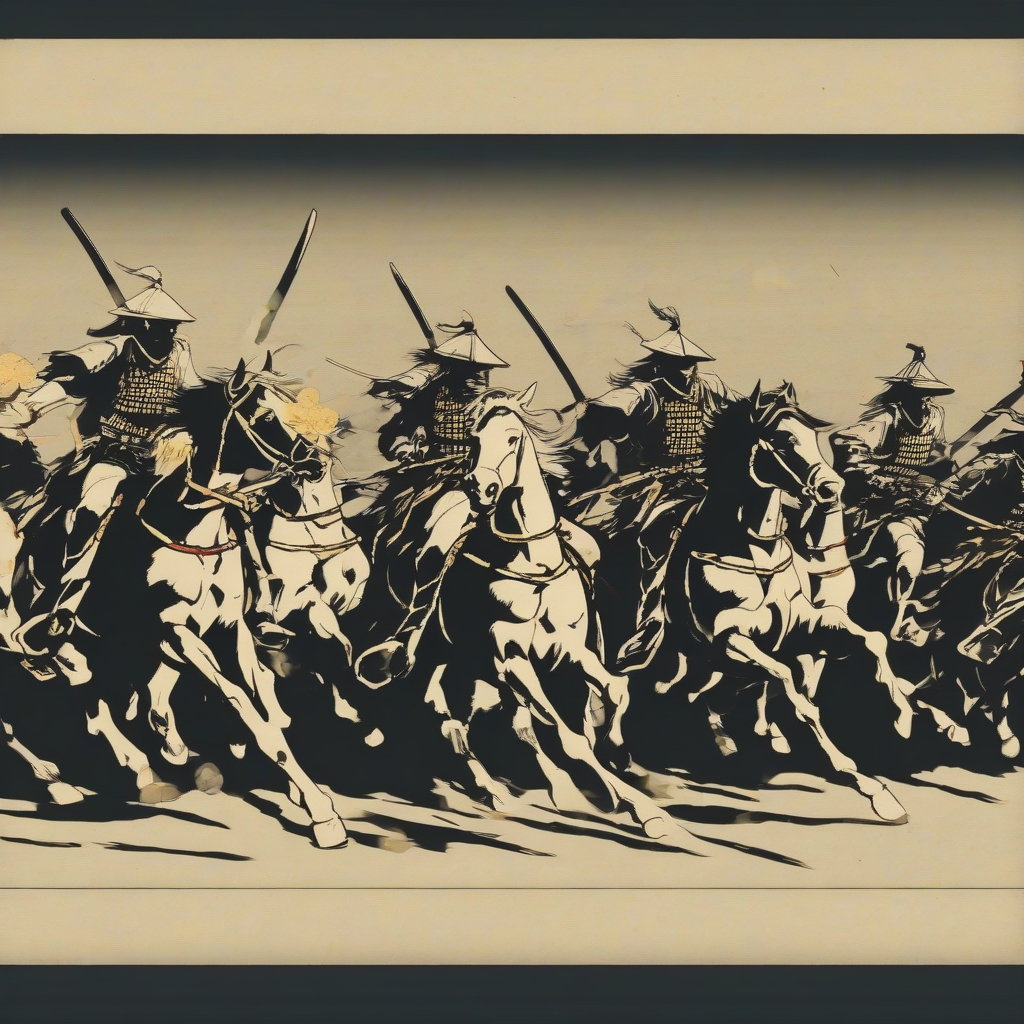 eight samurai riding horses galloping by मुफ्त एआई छवि जनरेटर - बिना लॉगिन के✨ | AIGAZOU