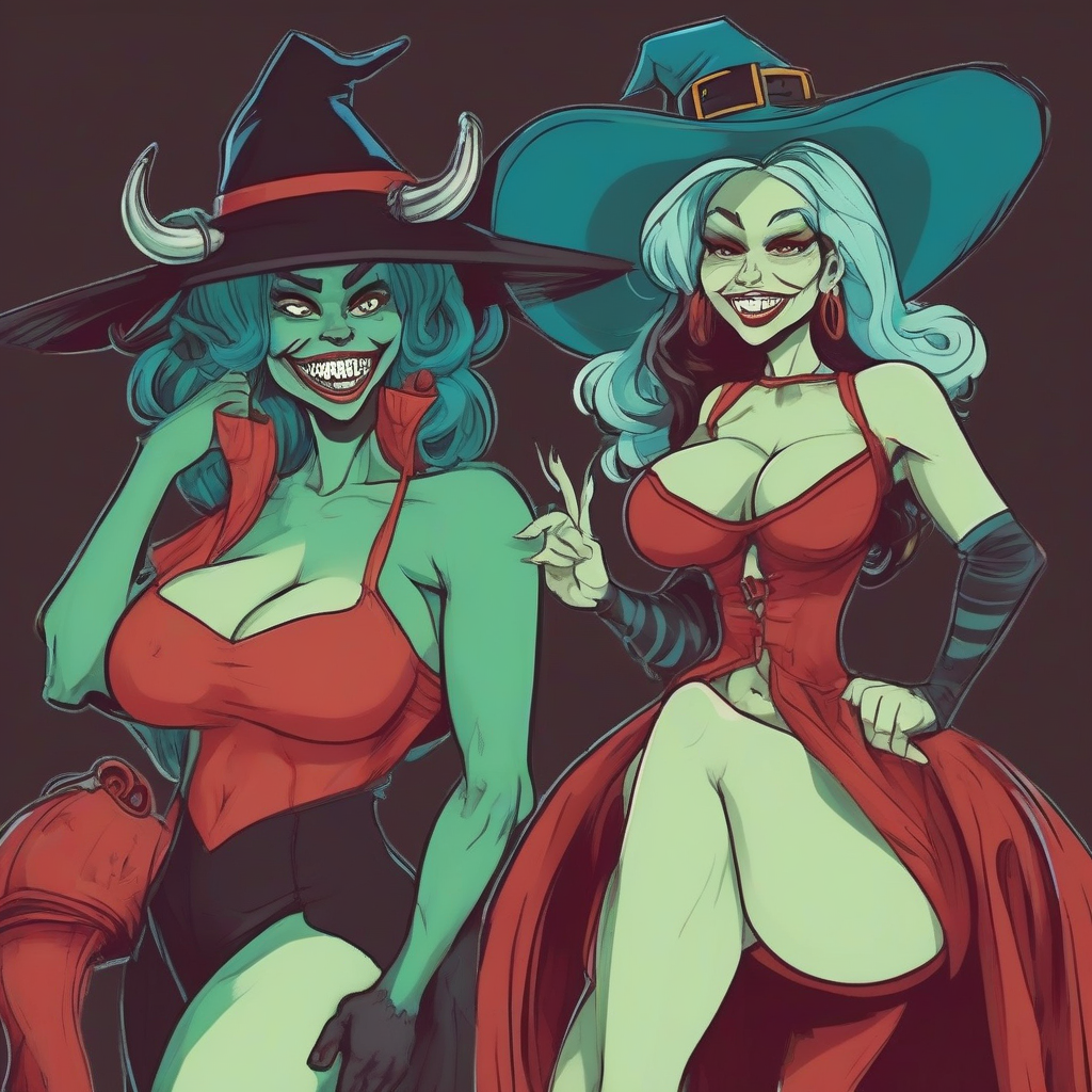 two sexy devil women with huge breasts and witch hats half dressed one green the other red next to a by मुफ्त एआई छवि जनरेटर - बिना लॉगिन के✨ | AIGAZOU