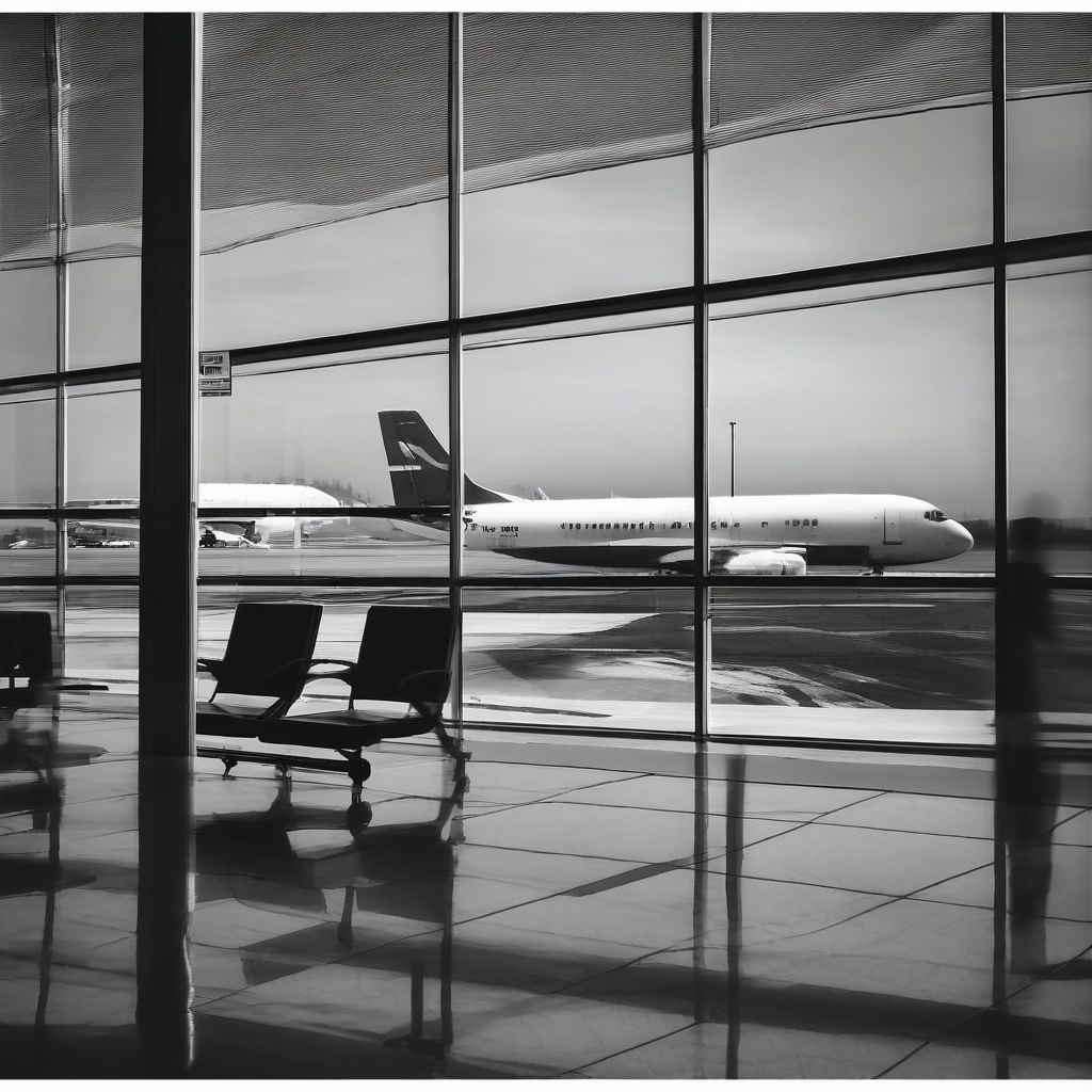 airport lobby airplane outside window monochrome by मुफ्त एआई छवि जनरेटर - बिना लॉगिन के✨ | AIGAZOU