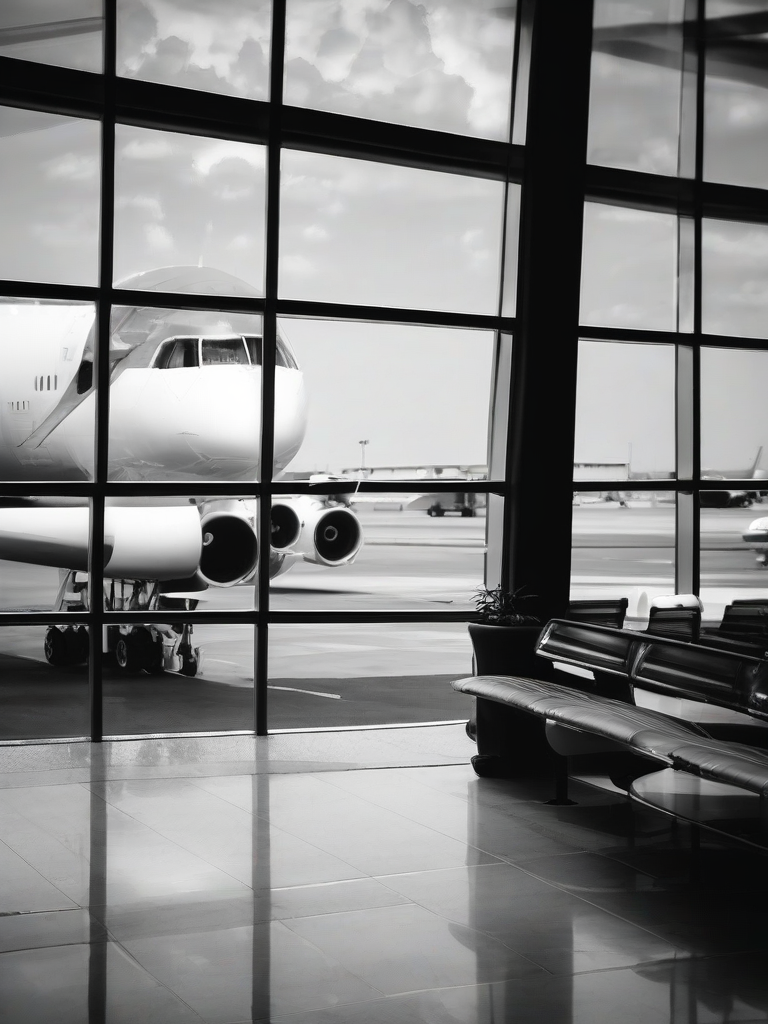 airport lobby airplane outside window monochrome by मुफ्त एआई छवि जनरेटर - बिना लॉगिन के✨ | AIGAZOU