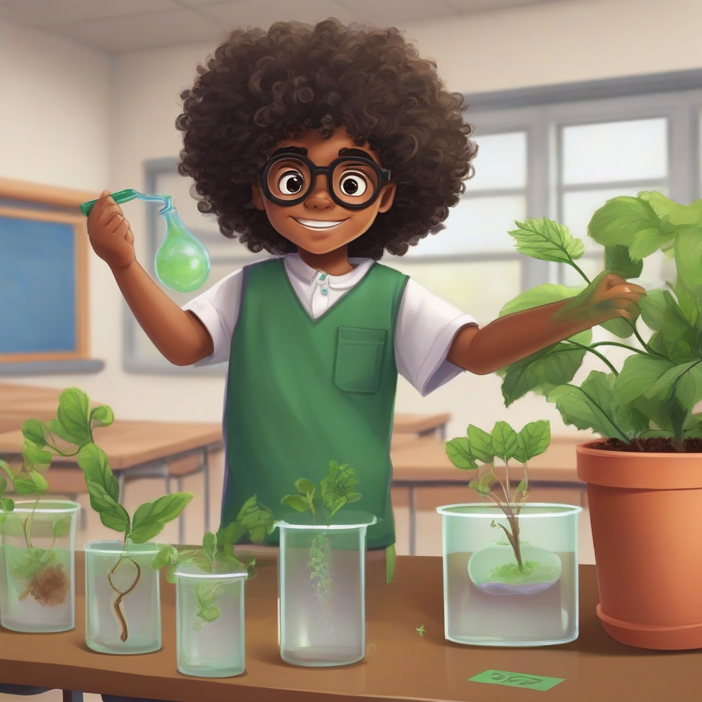 science experiment on plants with afro hair alex by मुफ्त एआई छवि जनरेटर - बिना लॉगिन के✨ | AIGAZOU