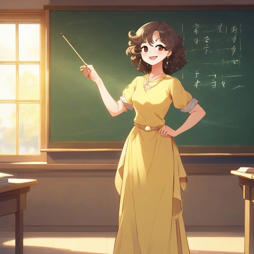 a female teacher in her 30s with long curly hair and brown eyes smiling slim wearing a light yellow dress by मुफ्त एआई छवि जनरेटर - बिना लॉगिन के✨ | AIGAZOU