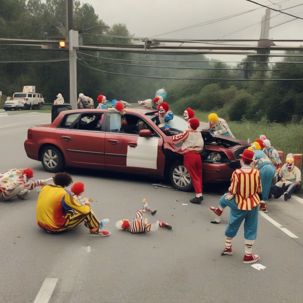 car accident clowns taking photos by मुफ्त एआई छवि जनरेटर - बिना लॉगिन के✨ | AIGAZOU