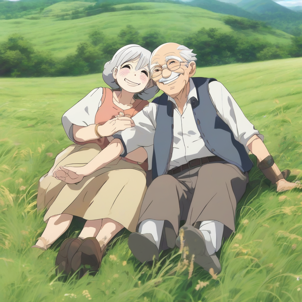 an anime grandpa and grandma holding hands smiling in a sunny meadow by मुफ्त एआई छवि जनरेटर - बिना लॉगिन के✨ | AIGAZOU