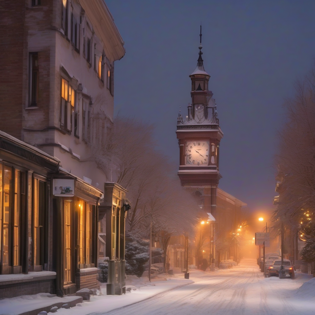 a beautiful clock tower lit up in a winter town by मुफ्त एआई छवि जनरेटर - बिना लॉगिन के✨ | AIGAZOU