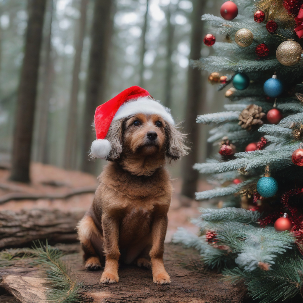 small brown dog sits on log with christmas hat by मुफ्त एआई छवि जनरेटर - बिना लॉगिन के✨ | AIGAZOU